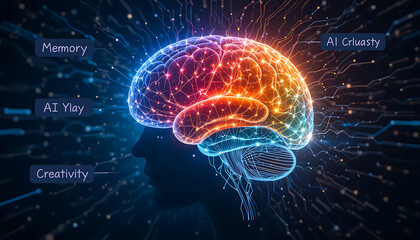 Obraz premium Human Brain Spark, AI Network Concept, Glowing Connections.