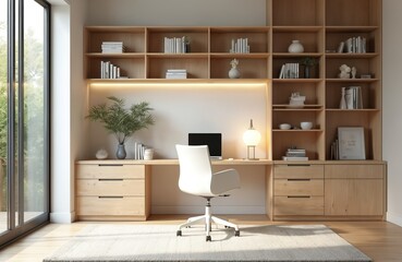 Modern scandinavian home office interior design with minimalist aesthetic. Wooden desk with computer, white chair, built-in bookshelves, large window, creates bright workplace. Natural light, home