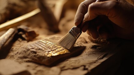 Archaeologist dusting off an ancient artifact. Featuring discovery and patience
