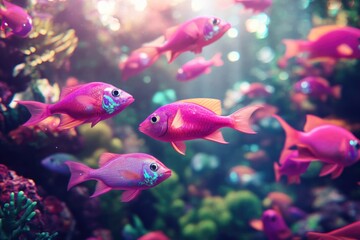 Naklejka premium Vibrant pink fish swim in a coral reef, sunlight illuminating the scene.