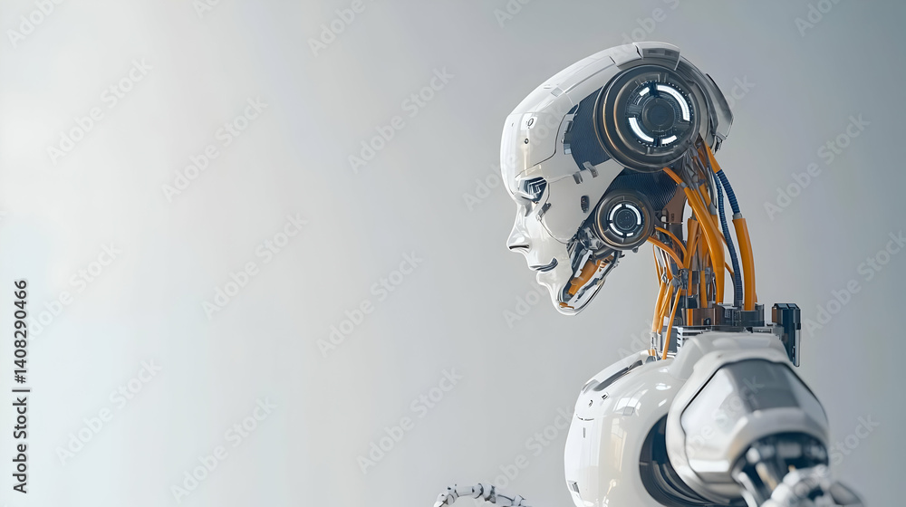 Poster profile view of a white and orange humanoid robot with intricate circuitry in a bright environment