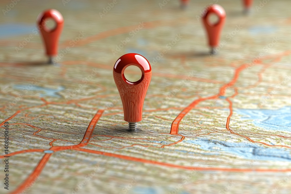 Poster close up of red location pins on a map with orange lines indicating roads and geographical features