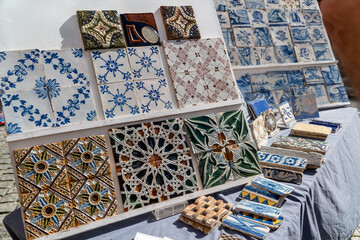 Azulejo sold at La Feira da Ladra, flea market in Campo de Santa Clara square in the Alfama neighborhood of Lisbon,Portugal