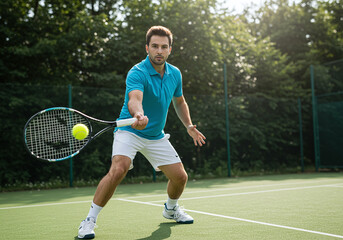 Tennis player executing a powerful forehand on a sunny outdoor court
