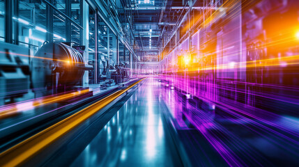 Hochgeschwindigkeitsindustrie in einer vernetzten Produktionshalle von morgen, Darstellung von futuristischer Technologie im Querformat