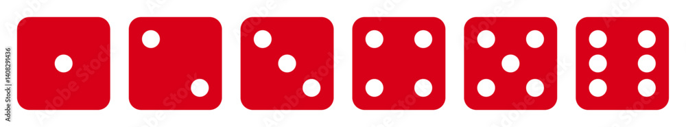 Poster die icon set with all six faces in red color with white dots. ludo game dice icons collection. set o