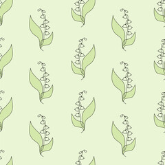 Seamless Pattern Spring Lily of the Valley on Green Background. One Continuous Line Drawing. Flower forest May bells. Minimalist Elegant floral Simple Linear template. Vector Illustration