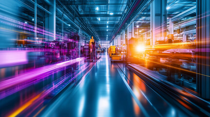 Langgezogene Produktionshalle der Zukunft mit digitaler Lichtspur, futuristische Industrie in Querformat