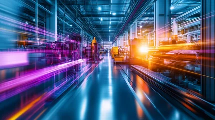 Langgezogene Produktionshalle der Zukunft mit digitaler Lichtspur, futuristische Industrie in Querformat © SiSter-AI-Art
