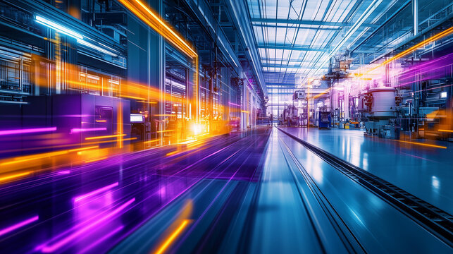 Futuristische Industriehalle mit Produktionsabteilungen, Matrixzeichnung in Orange und Violett, Hintergrund im Querformat