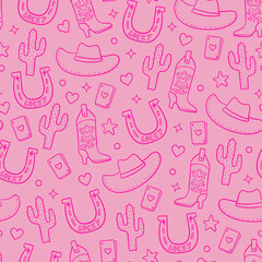 Cute Pink Cowgirl Seamless Pattern – Western Themed Design with Boots, Hats, and Stars for Girls' Fashion and Party Decor