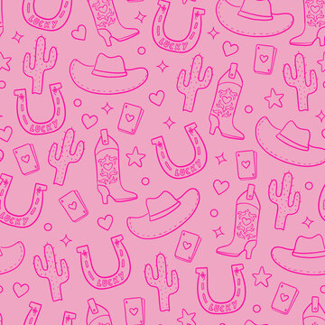 Cute Pink Cowgirl Seamless Pattern &ndash; Western Themed Design with Boots, Hats, and Stars for Girls' Fashion and Party Decor