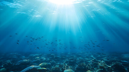 Obraz premium Sunlit Underwater Scene With School Of Fish Swimming Over Coral Reef In Deep Blue Ocean