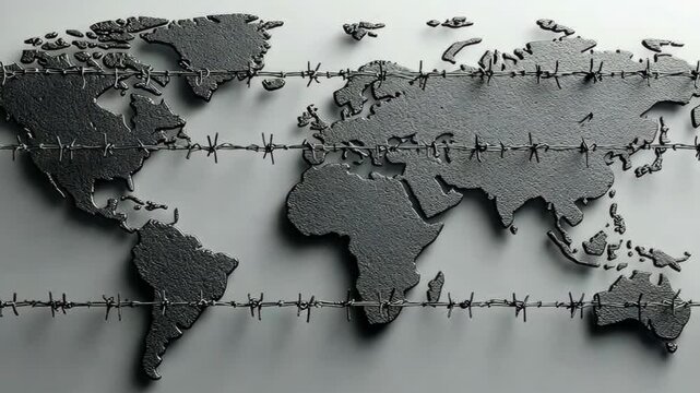 A map of the world divided by fences and walls labeled "Trade Barriers," peaceful, realistic, medium shot.