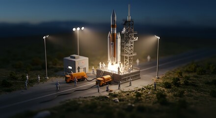 Rocket on Launchpad Getting Fuel Ready for Night Launch