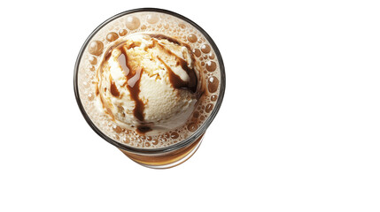Ice cream float with soda bubbles in a tall glass, top view PNG, isolated and detailed
