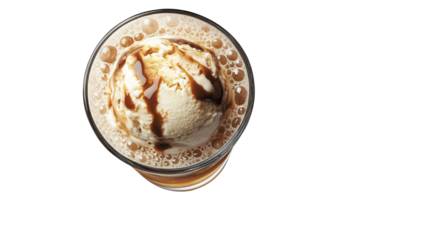 Ice cream float with soda bubbles in a tall glass, top view PNG, isolated and detailed