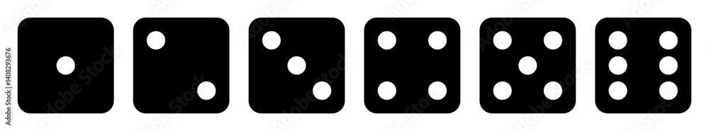 Fototapete Die icon set with all six faces in black color with white dots. Ludo game dice icons collection. Set of six sides of a die icon in black color with white dots isolated on a white background