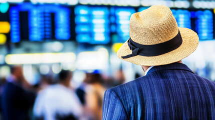 Die Rückansicht einer Person, die einen Strohhut trägt, sie steht am Flughafen, viele Menschen sind um sie herum, sie betrachtet die Anzeige der Abflüge, Querformat
