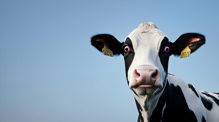 Close-Up Portrait of A Black And White Cow With Pink Nose Against Blue Sky in Sunny Countryside Field