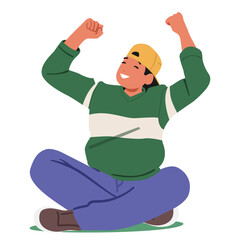 Smiling teenage guy cartoon character cheering with raised hands sitting on ground isolated on white