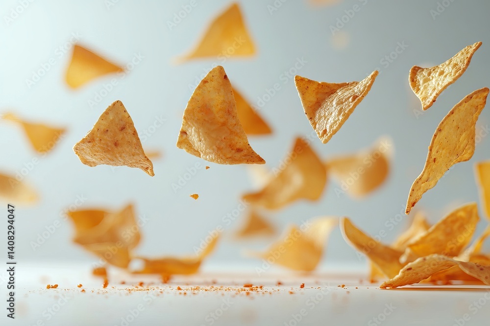 Poster a dynamic display of tortilla chips suspended mid air against a soft gradient background creating mo