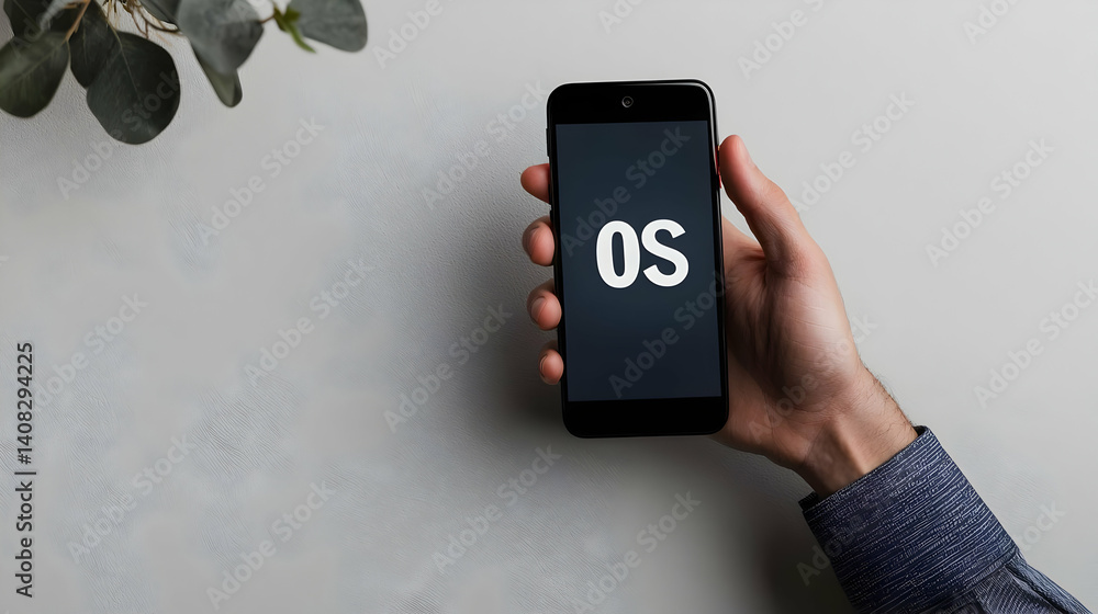 Poster man holding smartphone with os display on gray background with plant top view