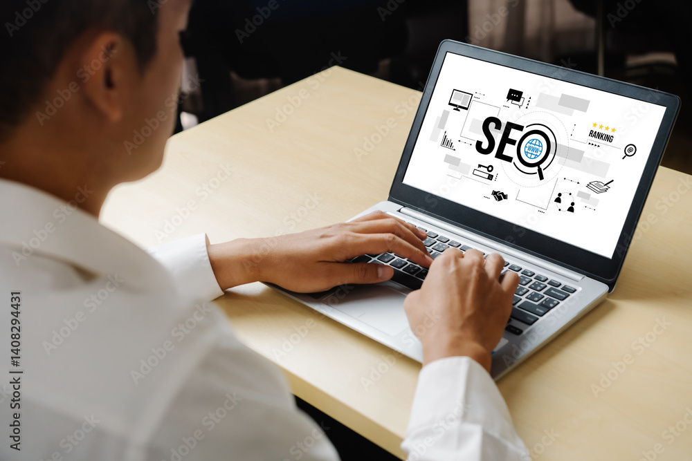 Poster seo search engine optimization for modish e-commerce and online retail business showing on computer 