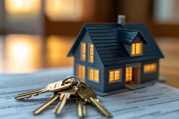 New home keys and house model on paperwork.  Ready to move in!