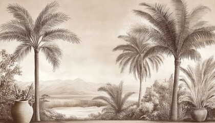 Sepia Palm Oasis Sketch-Style Tropical Landscape Mural, Palm Trees, Mountains,Potted Plants, Landscape Design Tropical, Mural art