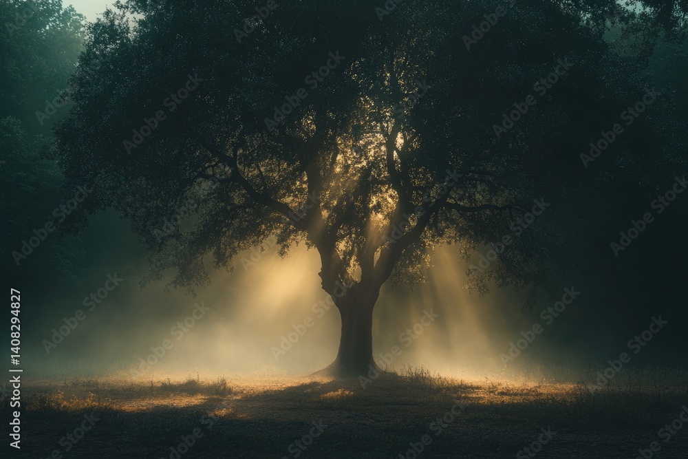 Poster sun rays piercing through a majestic oak tree in a misty forest, creating a mystical and serene atmo