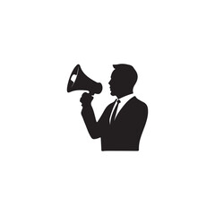 Fototapeta premium Businessman Holding Megaphone in Silhouette.A bold silhouette of a businessman holding a megaphone, conveying a message or announcement.