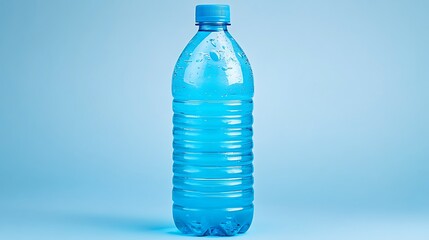 Light-blue plastic water bottle against a light-blue backdrop.