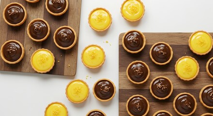 mini lemon and chocolate tarts on wooden trays. delicious dessert