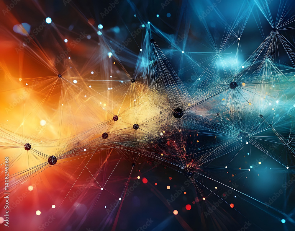 Poster wallpaper abstract network structure with connecting dots and lines forming a futuristic technologic