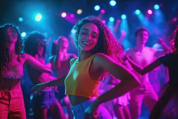 Young woman joyfully dances at a vibrant nightclub, surrounded by friends enjoying the energetic atmosphere.