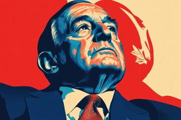 Bold stylized portrait of a politician in national colors showcasing leadership and determination in a graphic design