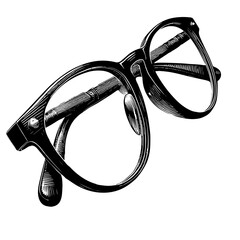 Classic line art of eyeglasses, black and white, vision correction tool against a white background with copy space