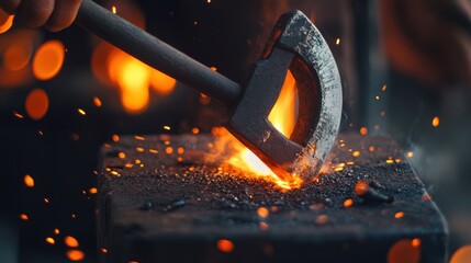 Blacksmith forging a glowing horseshoe on an anvil. Featuring fire and craftsmanship