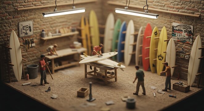 Crafting Surfboards in Workshop Miniature Scene - Powered by Adobe