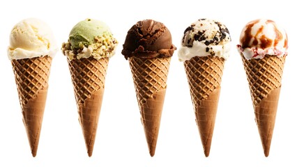 An assortment of ice cream cones with different flavors lined up against a white background image view
