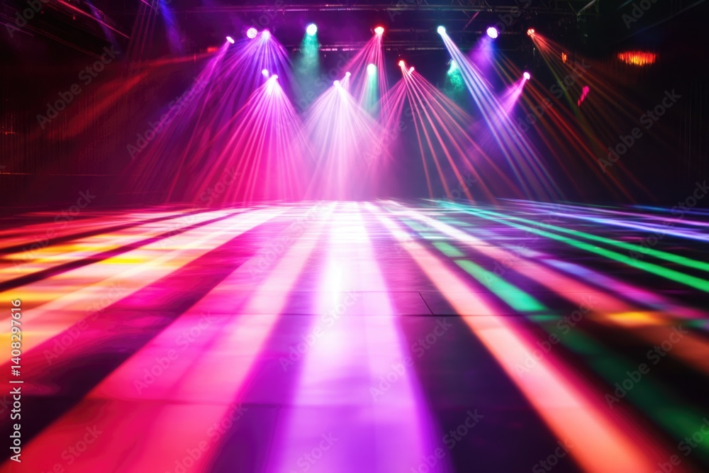 Poster vibrant stage lighting illuminates an empty dance floor with colorful beams creating a dynamic and e