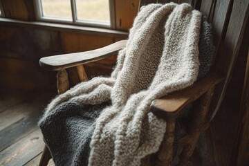 Cozy knitted throw draped over a rustic wooden chair near a window.