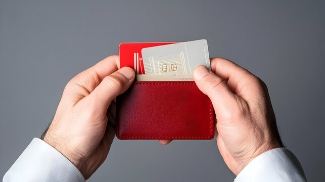 Close-Up Of Hands Holding Red Passport With Credit Card Against Gray Background