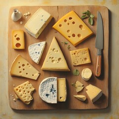 An assortment of cheeses on a wooden board with a knife and small vase near
