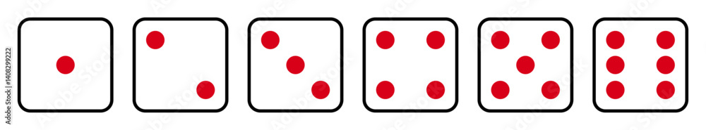 Poster die icon set with all six faces in black color outline with red dots. ludo game dice symbols in outl