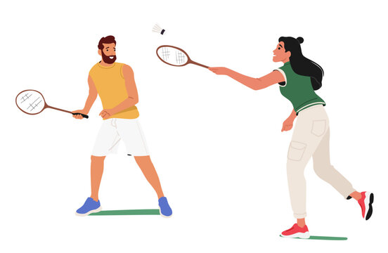 Happy loving man and woman couple cartoon characters playing badminton isolated on white background