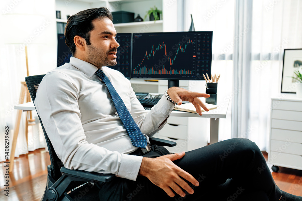 Poster smart trader businessman analyzing in two dynamic stock exchange investment screen on pc with invest