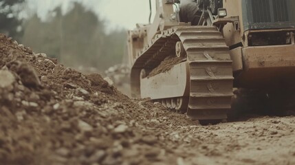 Heavy equipment operator guiding a bulldozer to level ground. Featuring power and efficiency