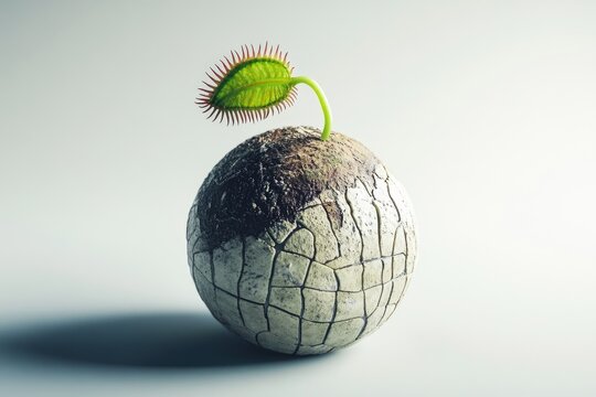 A Venus flytrap sprouts from a cracked, arid Earth, symbolizing environmental fragility and the fight for survival.